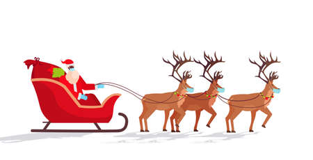 santa in mask riding sledge with reindeers happy new year merry christmas holidays celebration conceptのイラスト素材