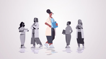 female doctor leader standing in front of medical professionals team in uniform medicine healthcareのイラスト素材