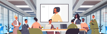 businesspeople having online conference mix race business people discussing with businesswoman...