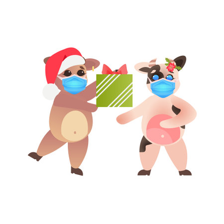 little oxes in santa hats cows wearing masks to prevent coronavirus pandemic new year winter holidays celebrationのイラスト素材