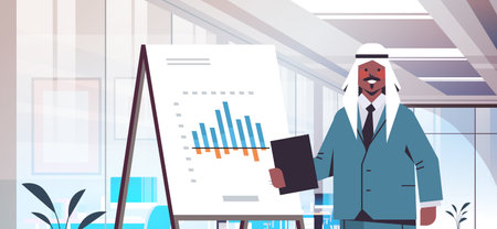 black muslim businessman presenting financial graph on flip chart business presentation conceptのイラスト素材