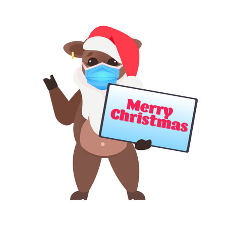 ox in santa hat holding merry christmas banner cute cow wearing mask to prevent coronavirus pandemicのイラスト素材