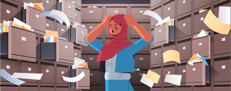 overworked arab businesswoman searching documents in filing wall cabinet business administration paper workのイラスト素材