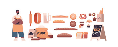 set different bakery pastry products male baker in uniform baking concept full length isolatedのイラスト素材