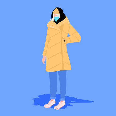 woman in casual winter clothes wearing mask to prevent coronavirus pandemic covid-19 quarantine conceptのイラスト素材