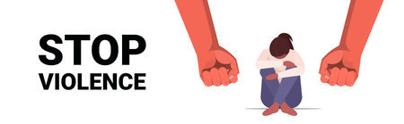 fists over scared terrified woman stop family violence and aggression against women conceptのイラスト素材