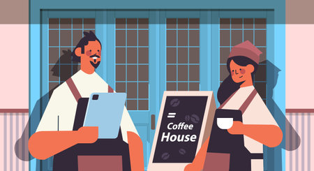 man woman in uniform working in cafe waiters in apron serving coffee modern cafe interior portraitのイラスト素材