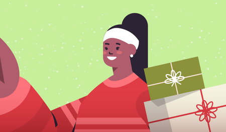 happy woman with gifts holding camera and taking selfie new year christmas holidays celebrationのイラスト素材