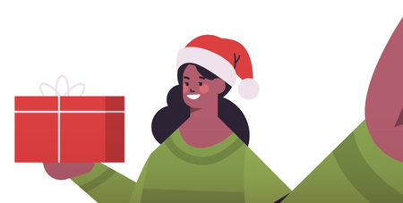 happy woman in santa hat with gifts holding camera and taking selfie new year christmas holidays celebrationのイラスト素材