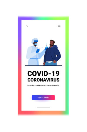 doctor in mask taking swab test for coronavirus sample from man patient PCR diagnostic procedure covid-19 pandemicのイラスト素材