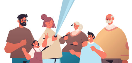multigenerational family using selfie stick taking photo on smartphone cameraのイラスト素材