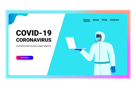 african american doctor or scientist in mask using laptop covid-19 coronavirus pandemic conceptのイラスト素材