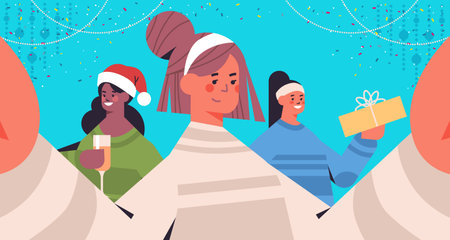 mix race girls taking selfie photo on smartphone camera women having fun new year christmas holidays celebrationのイラスト素材