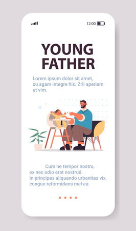 young father feeding his little son on kids eating chair fatherhood concept dad spending time with his kidのイラスト素材