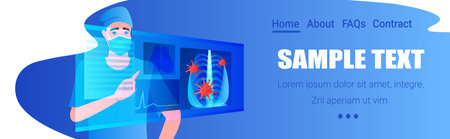 doctor in mask examining x-ray viral pneumonia symptom coronavirus cells fight against covid-19 conceptのイラスト素材