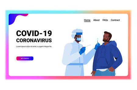 doctor in mask taking swab test for coronavirus sample from african american man patient PCR diagnostic procedureのイラスト素材