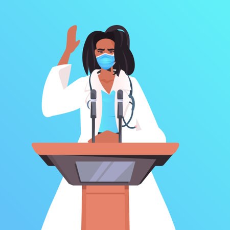 female doctor in mask giving speech at tribune with microphone fight against coronavirus medical conferenceのイラスト素材