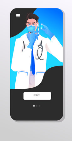 male doctor holding syringe and bottle vial vaccine development fight against covid-19 concept smartphone screen portrait vertical vector illustrationのイラスト素材