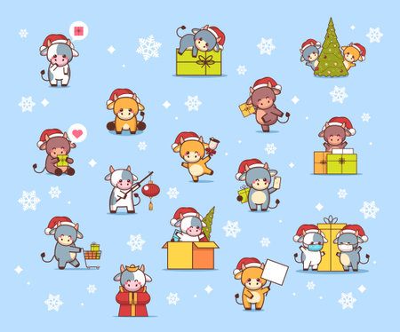 set little oxes in santa hats happy new year banner 2021 greeting card cute cows mascot cartoon charactersのイラスト素材