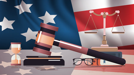 gavel and judge book on USA flag american presidential inauguration day celebration concept greeting...