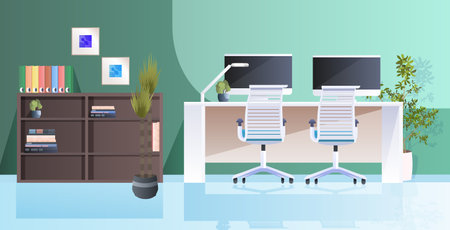 workplace with computer monitors modern cabinet interior empty no people office room with furnitureのイラスト素材
