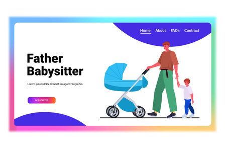 young father walking outdoor with son and baby in stroller fatherhood parenting conceptのイラスト素材