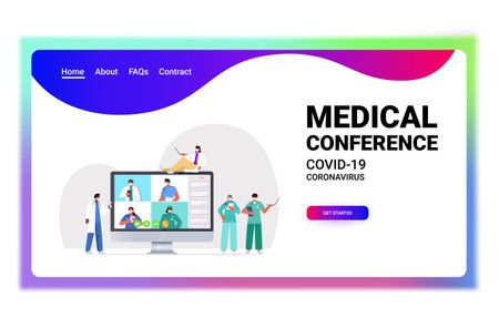 team of doctors having video conference mix race medical specialists discussing during virtual meetingのイラスト素材
