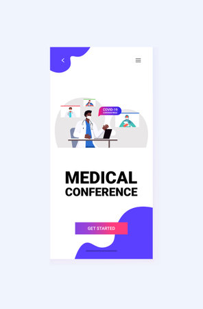 team of mix race doctors discussing during video call virtual medical conference covid-19 pandemic self isolationのイラスト素材