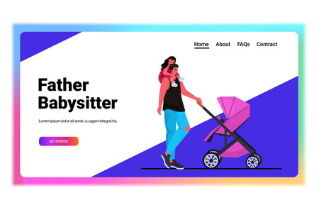 young father walking outdoor with crying daughter and baby in stroller fatherhood parenting conceptのイラスト素材
