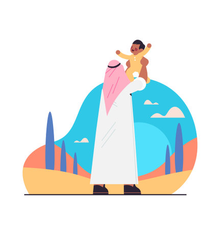 arab father holding little son fatherhood parenting concept dad walking outdoor with his kid lanscape backgroundのイラスト素材