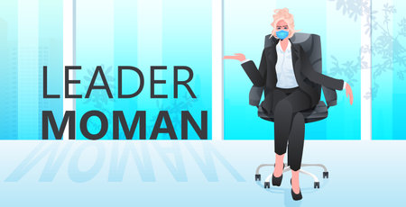 businesswoman wearing mask to prevent coronavirus pandemic successful business woman sitting on armchairのイラスト素材