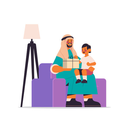young arab father holding gift box for son parenting fatherhood concept dad giving holiday present to his kidのイラスト素材