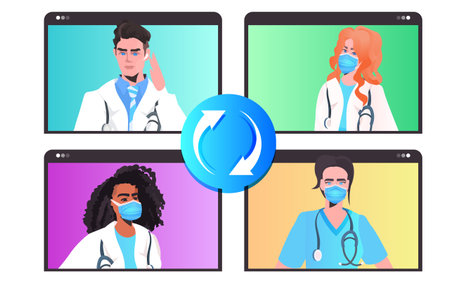 mix race doctors in masks discussing during video call online consultation virtual conference fight against covid-19のイラスト素材