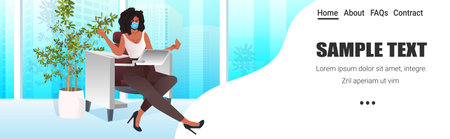businesswoman in mask sitting at workplace and using laptop pandemic conceptのイラスト素材