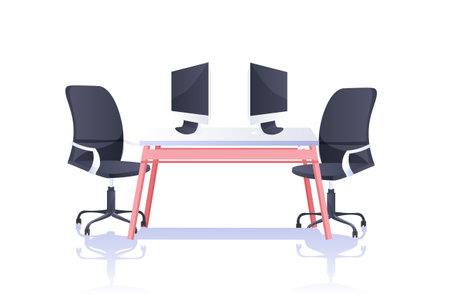 office workplace desk with laptops and armchairs isolated on white background horizontalのイラスト素材