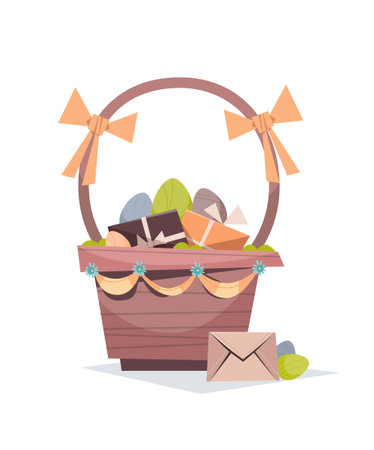 happy easter spring holiday celebration greeting card with decorated colorful eggs and gifts in basket verticalのイラスト素材