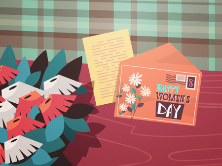 womens day 8 march holiday celebration concept letter envelope flowers on wooden deskのイラスト素材