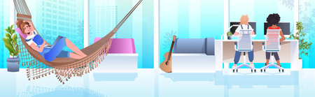 mix race businesspeople working and communicationg in creative coworking center teamwork conceptのイラスト素材