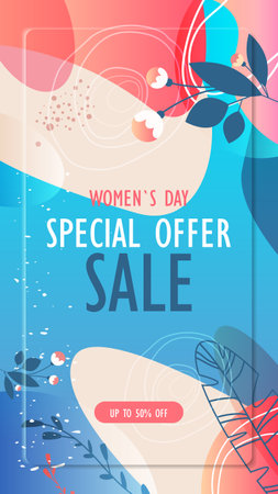 womens day 8 march holiday celebration vibrant sale banner flyer or greeting card with decorative leavesのイラスト素材