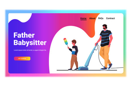 father and son having fun while cleaning parenting fatherhood friendly family conceptのイラスト素材