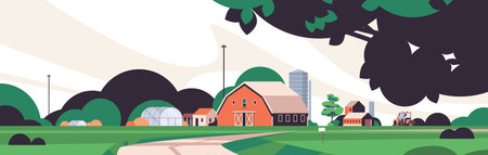 farm building house organic eco farming agriculture concept rural farmland countryside landscapeのイラスト素材