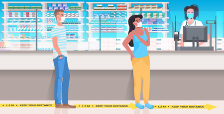 patients standing queue at pharmacy counter keeping distance to prevent  virus pandemic social distancingのイラスト素材