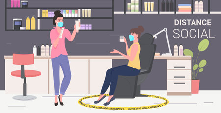 hairdresser with client in masks discussing during meeting keeping distance to prevent  virus pandemicのイラスト素材
