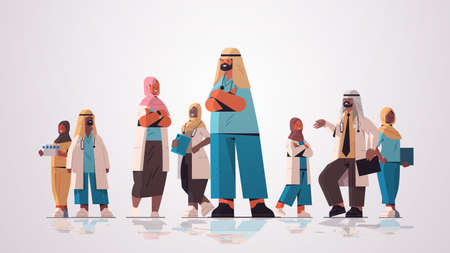 arabic team of medical professionals arab doctors in uniform standing together medicine healthcare conceptのイラスト素材