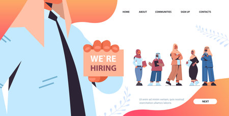 arab hr manager holding we are hiring poster choosing arabic businesspeople applicants vacancy open recruitmentのイラスト素材