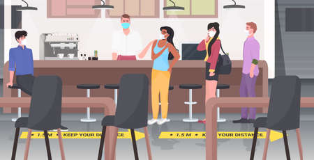 cafe visitors keeping distance to prevent virus pandemic restaurant interior horizontalのイラスト素材