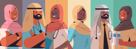 set arabic doctors avatars arab men women wearing hijabs medical workers collection medicine...
