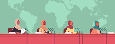 team of arabic doctors giving speech at tribune with microphone on medical conference medicine healthcareのイラスト素材