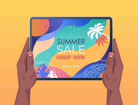 african american human hands using tablet pc with summer sale banner flyer or greeting card on screenのイラスト素材