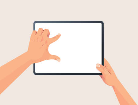 human hands holding tablet pc with blank touch screen using digital device concept isolated horizontalのイラスト素材